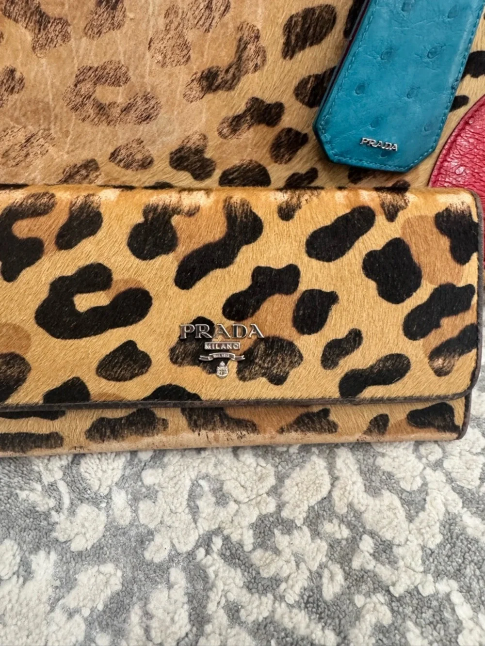 Prada Leopard Haircalf Tote Bag + Wallet Set Teal Red Rare Colorblock Authentic - Picture 7 of 14